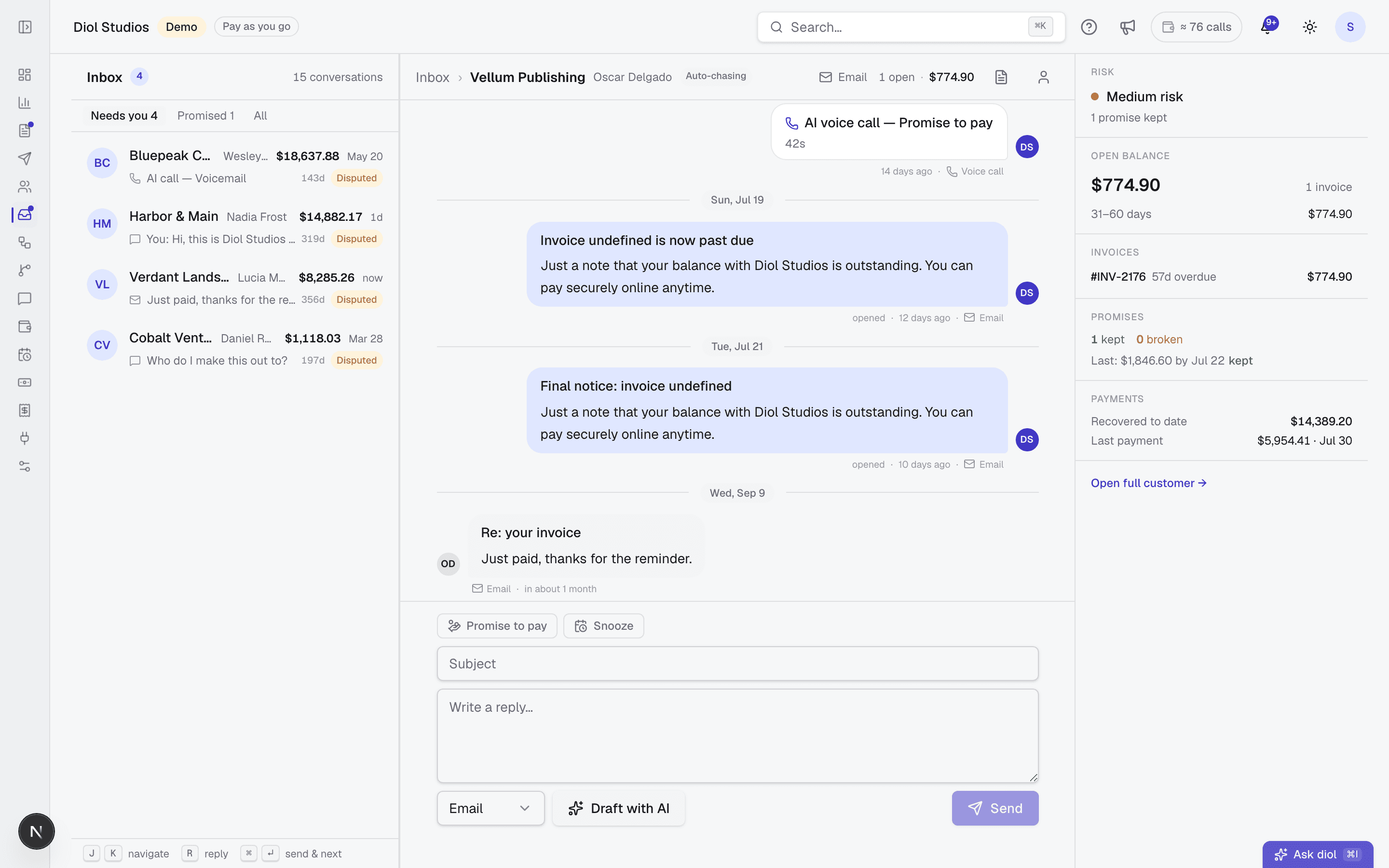 The diol inbox: customer conversations with status chips, an open thread where a customer promises to pay, and a drafted AI reply ready to send